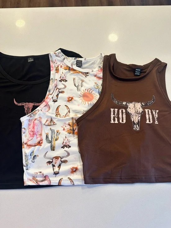 SHEIN Black, White & Brown Western Graphic Crop Tank Tops - Picture 1 of 7